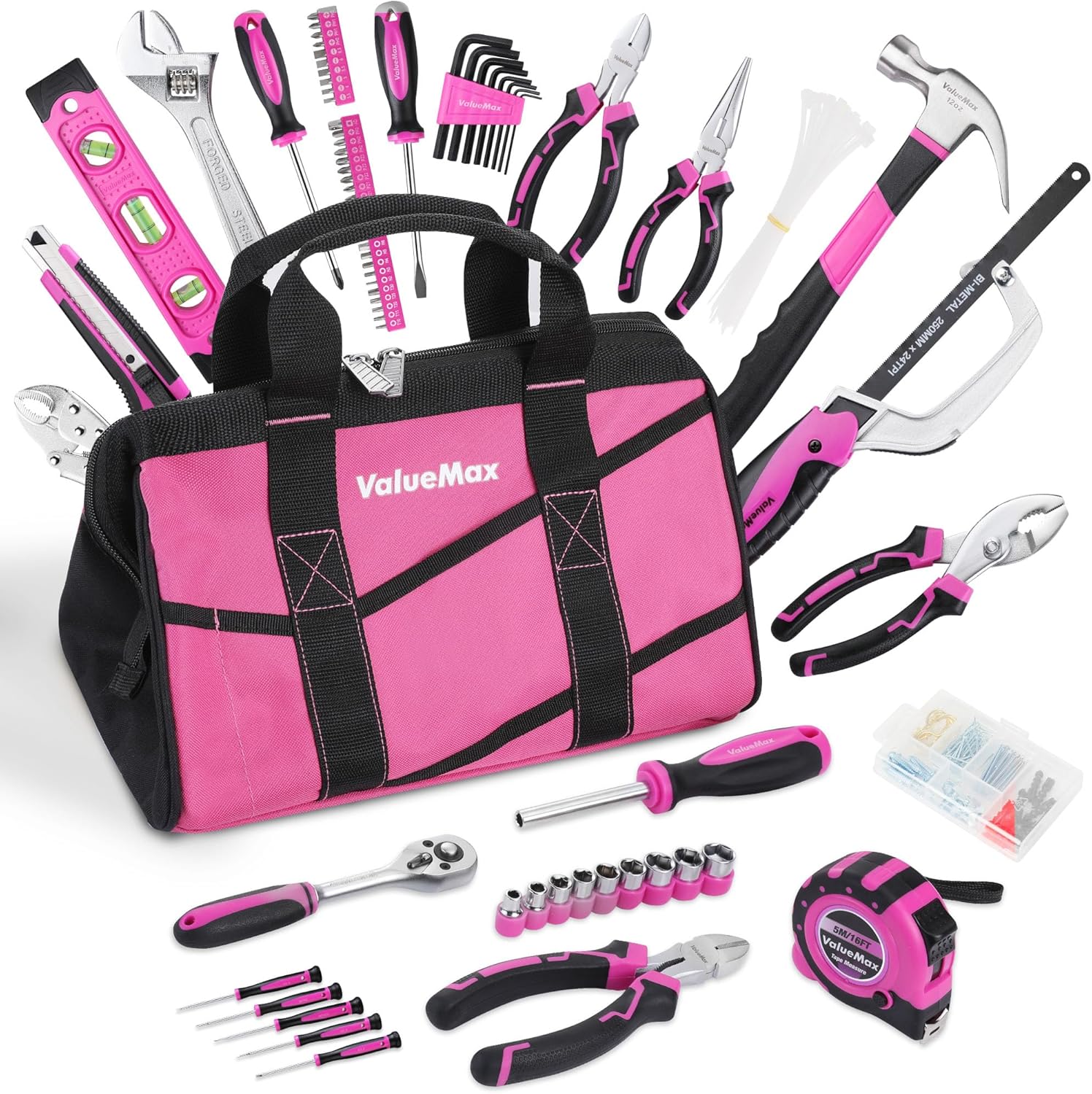 ValueMax Pink Tool Kit, 218-Pieces Home Repairing Tool Set, Household Tool Kit with Wide Mouth Open Storage Bag, Household...