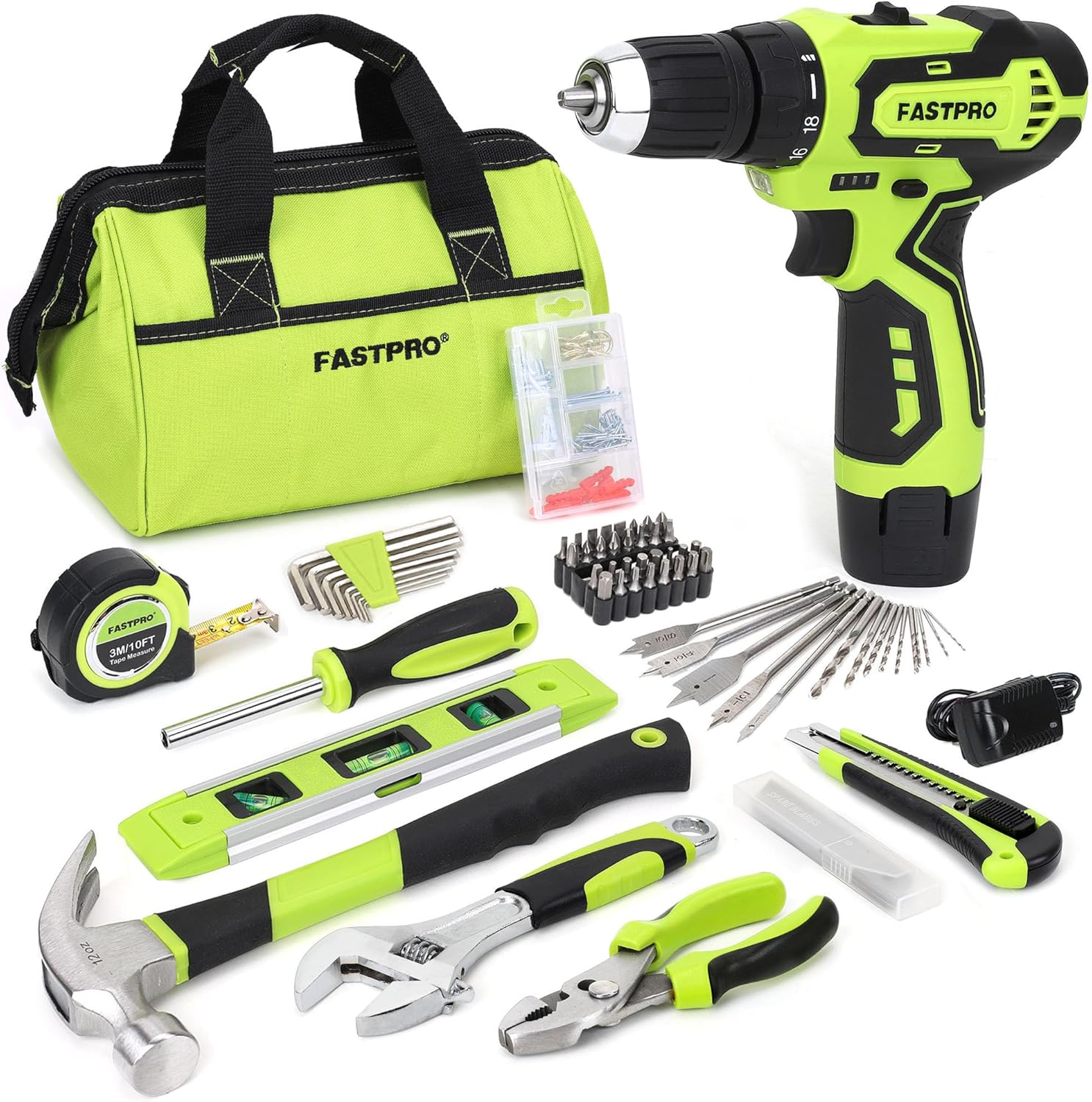 FASTPRO 175-Piece 12V Cordless Drill Set, Drill Driver and Home Tool Kit, House Repairing Tool with 12-Inch Storage Tool B...
