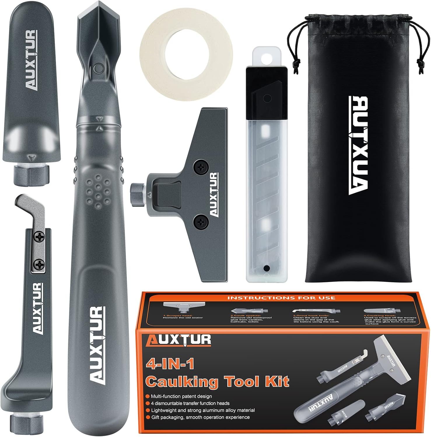 AUXTUR Aluminum Caulking Tool, 4 in 1 Sealant Finishing Tool Kit(Stainless Steelhead), Scraper Tool, Grout Removal Tool, C...